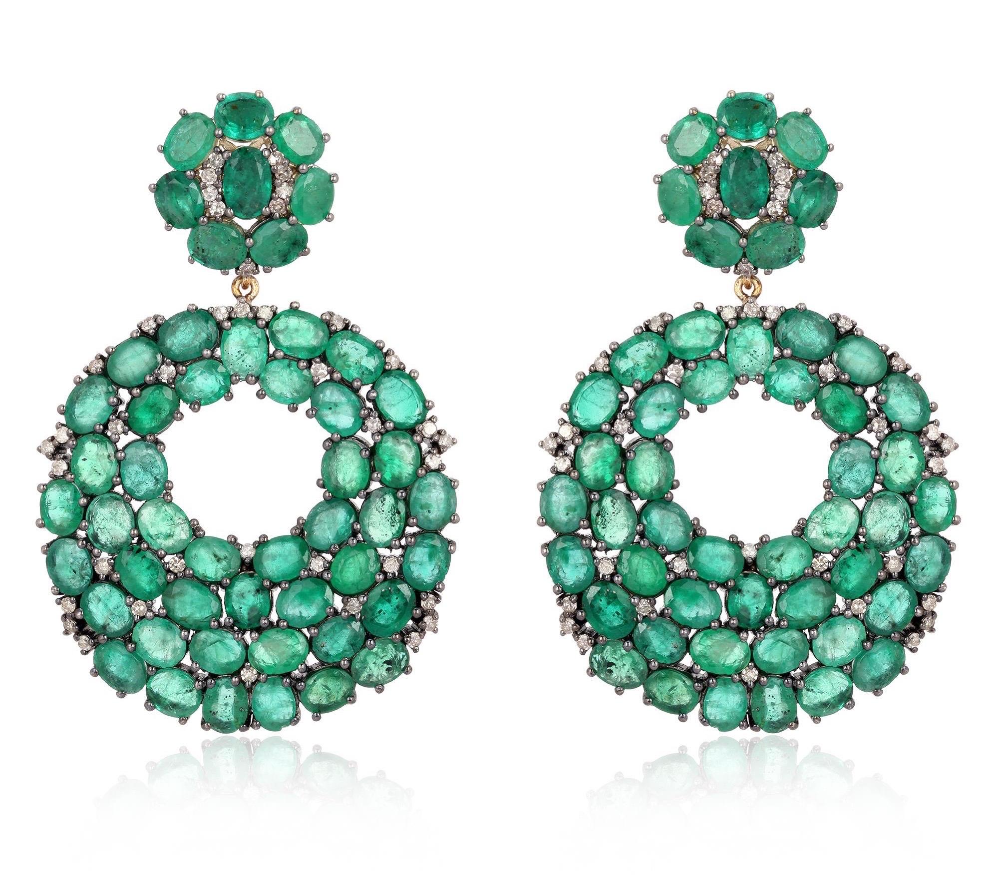 Rose Cut 32.96 Carat Emerald Diamond Earrings For Sale