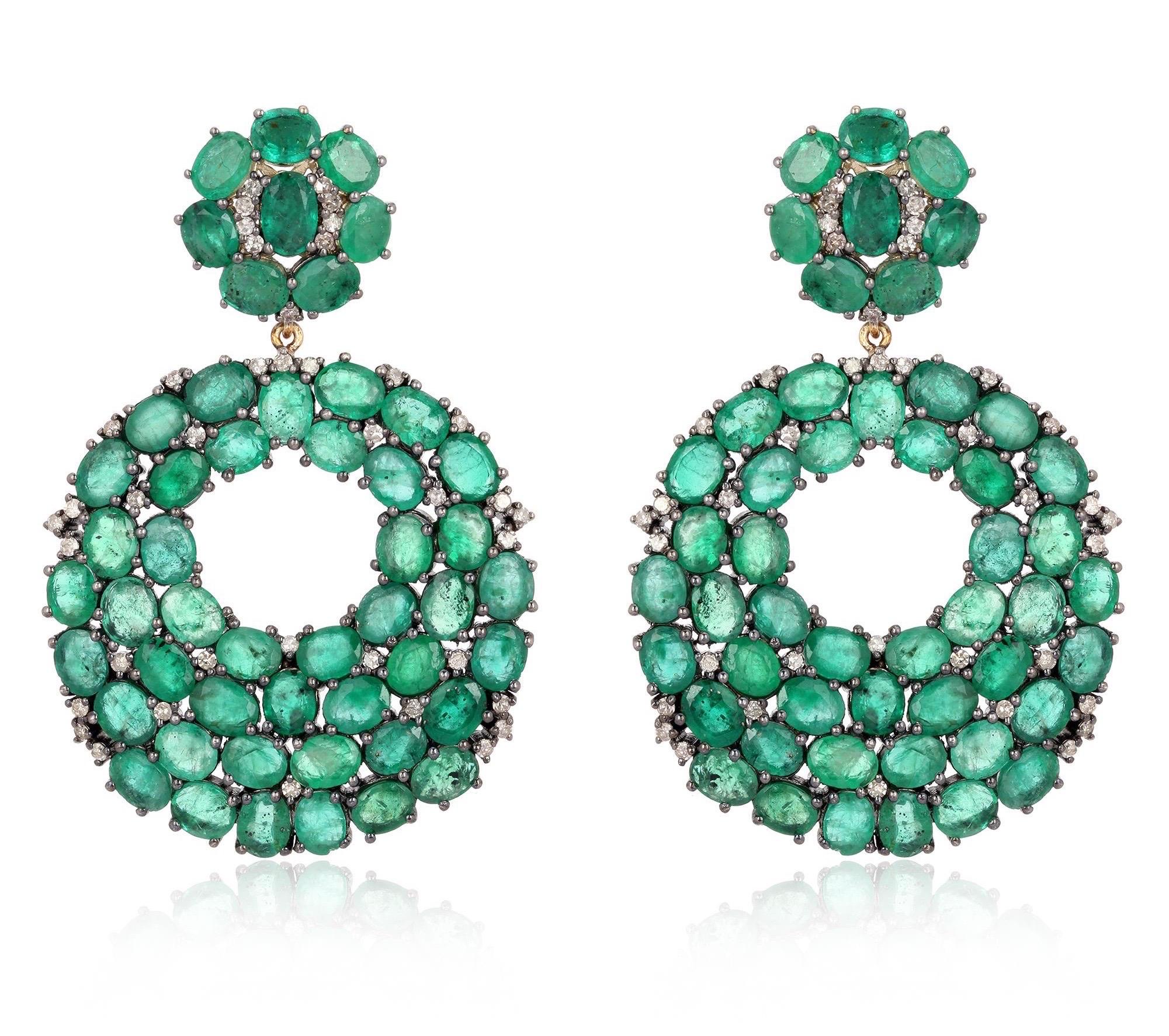 Rose Cut 32.96 Carat Emerald Diamond Earrings For Sale