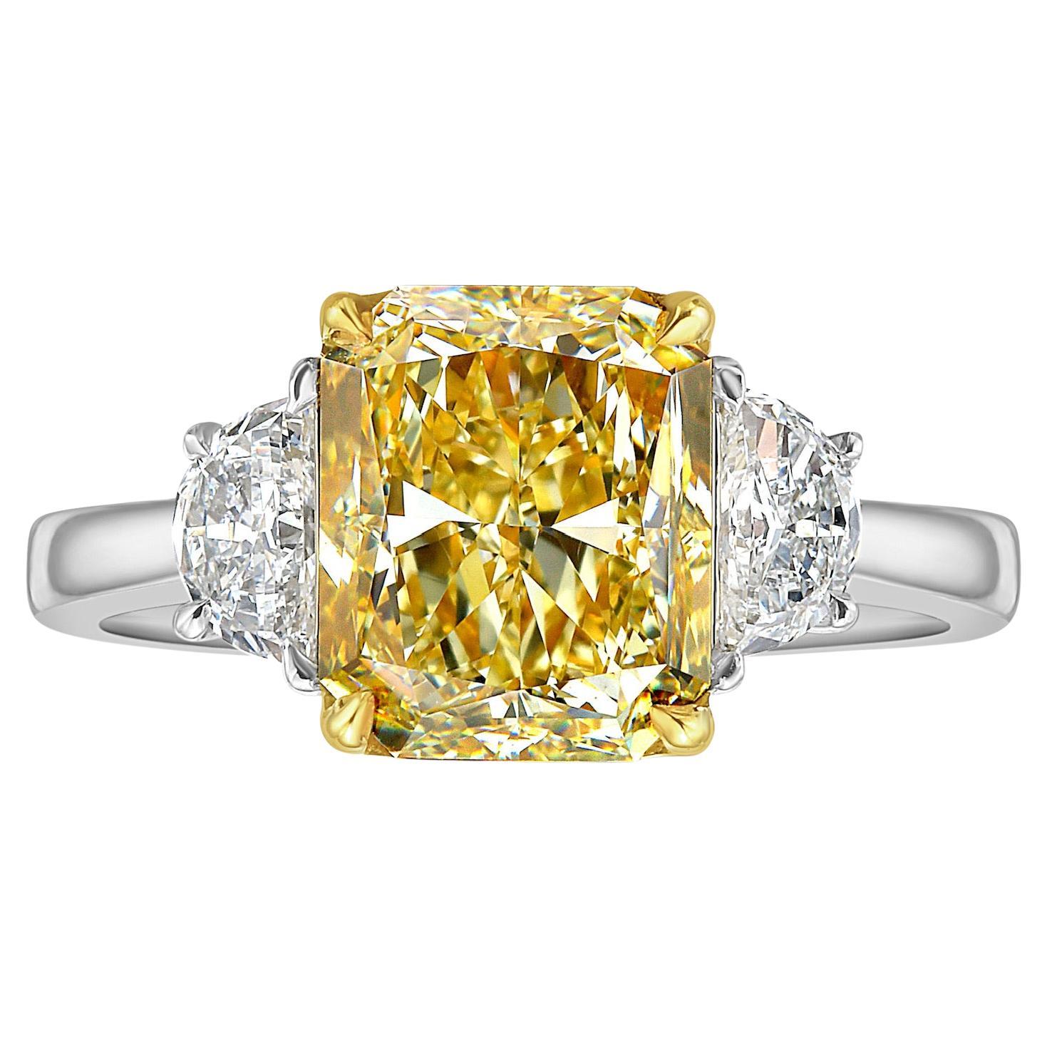 Rare Colors 3.29ct Fancy Yellow Elongated Radiant Diamond Three Stone Ring
