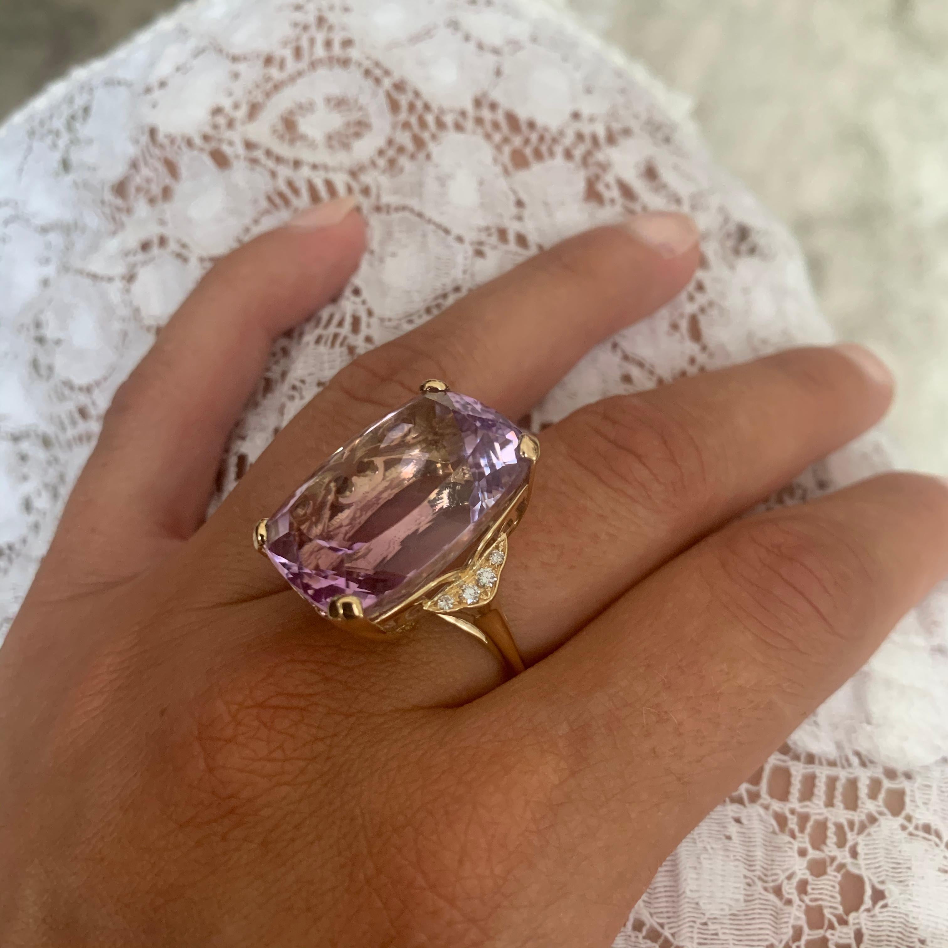 
What a beauty! Handcut in our workshop this 32ct Amethyst Cocktail Ring is a beautiful Lavender Purple in colour. Set in a custom made 18kt Yellow Gold basket, all the light is let in a reflects off this stone which has been cut to the highest