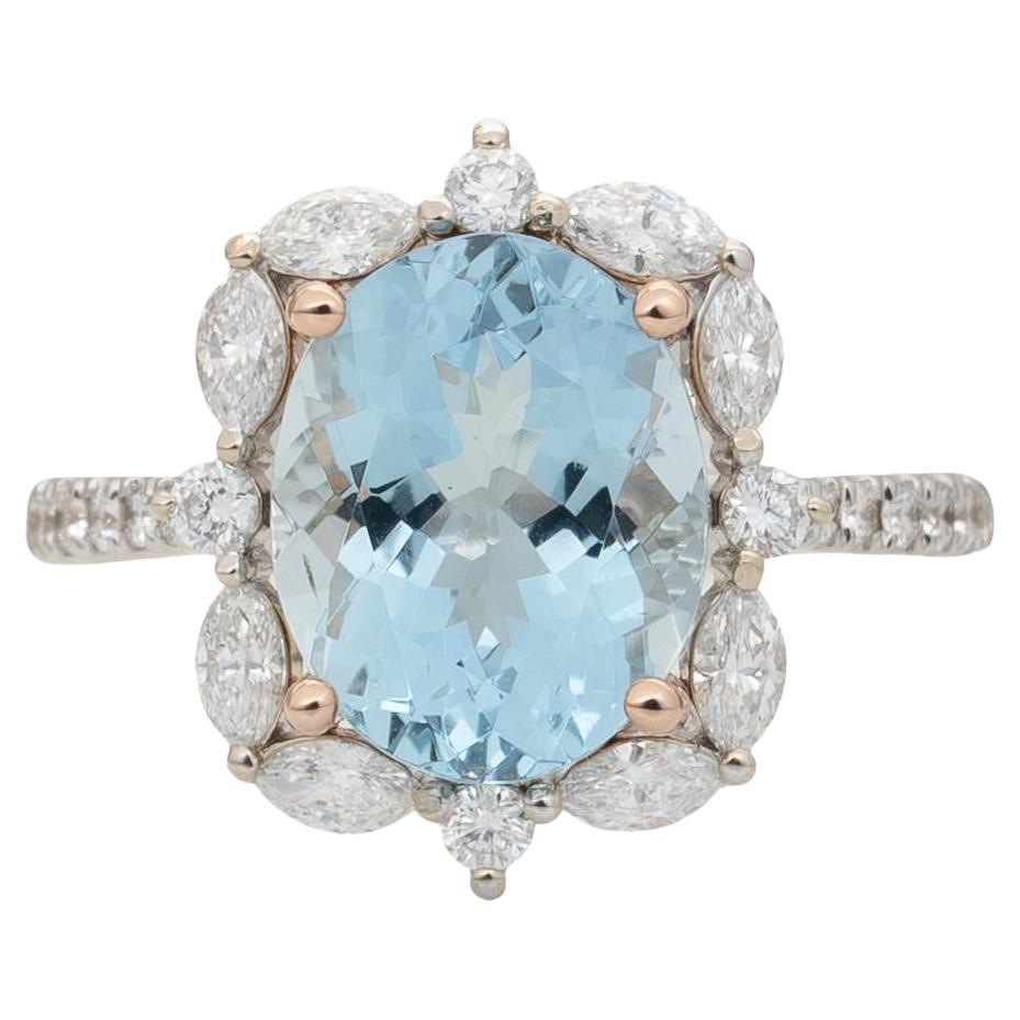 3.2Ct Aquamarine Ring with Natural Diamonds Accents: Solid 14K Dual Gold, 11x9mm