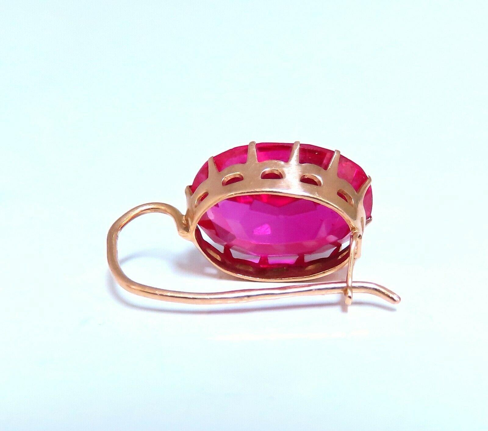 Lab Created Ruby Earrings

Totaling: 32ct.

Oval Cut, Clean clarity and brilliant cut

Excellent transparency

16 x 12mm 

14kt. yellow gold

7.8 grams

Earrings overall: 

23 X 12.5mm

Wire Insert