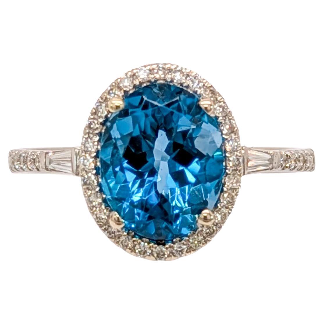 3.2ct London Blue Topaz Ring w Diamond Halo in Solid 14K Gold  OV 10x8mm