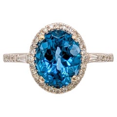 3.2ct London Blue Topaz Ring w Diamond Halo in Solid 14K Gold  OV 10x8mm