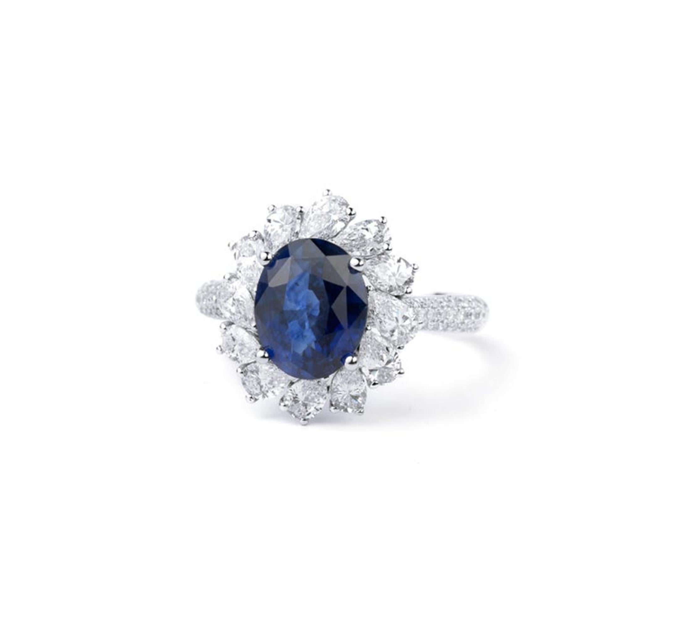3.2ct Oval-Cut Blue Sapphire & Diamond Halo Engagement Ring in 18K White Gold For Sale 2