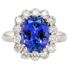 3.2ct Tanzanite Ring w Earth Mined Diamonds in Solid 14K Gold Cushion Cut 10x8mm