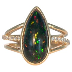 3.2cts Black Opal Ring with Natural Diamonds Accents: Solid 14K Gold, 16.5x8mm