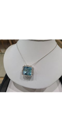 32cts Natural Blue Topaz and 3 CT's  Diamond Pendant 18k & 14k White Gold