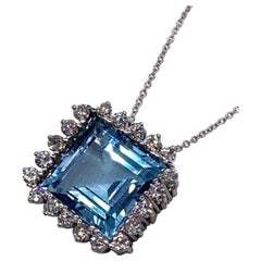 32cts Natural Blue Topaz and 3 CT's  Diamond Pendant 18k & 14k White Gold