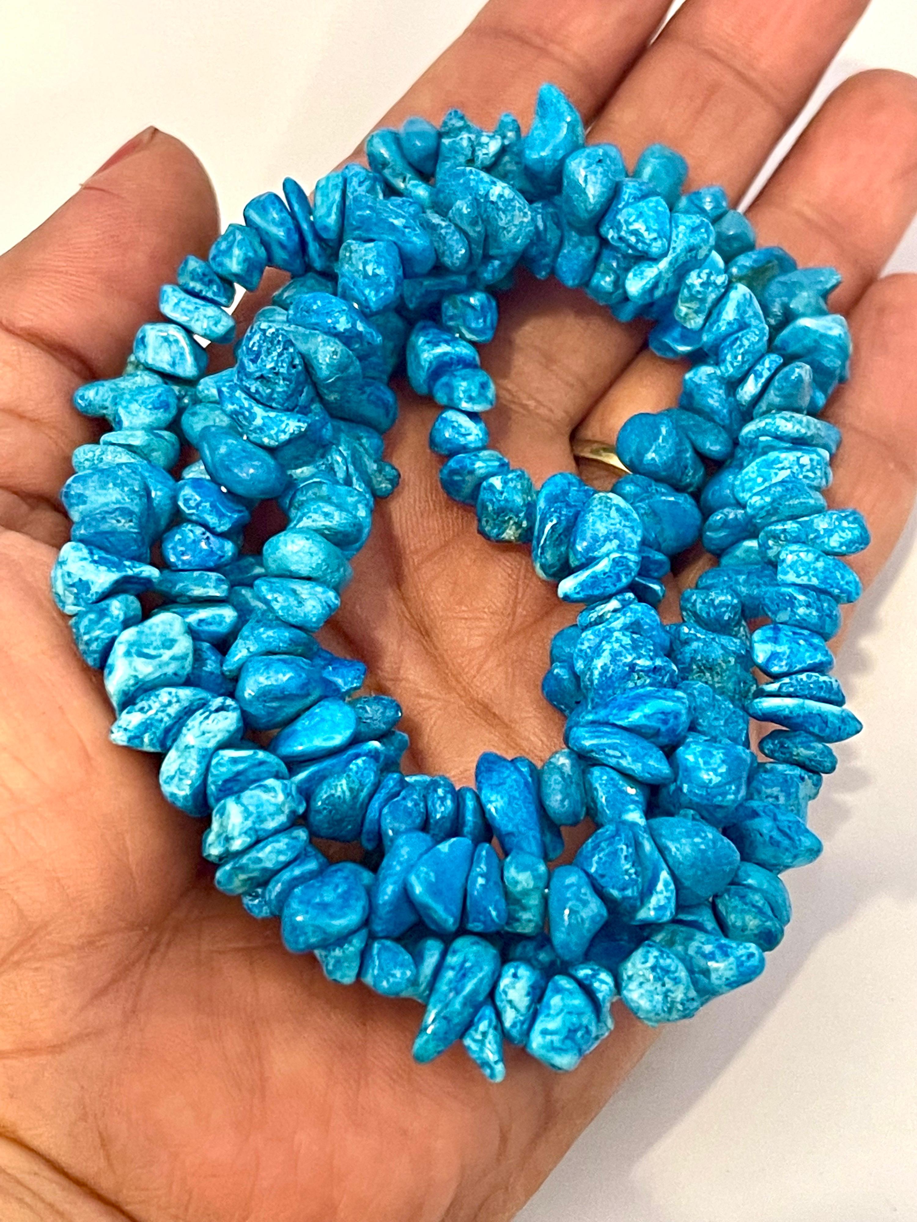 
32 inch Turquoise Chip Necklace 6-8mm -Turquoise Beads Turquoise Gemstone Natural
Very uniform beads , bright color and luster 
Natural Stone
Total weight of the necklace is  81 Gm
Its very hard to capture the true color and luster of the stone, I