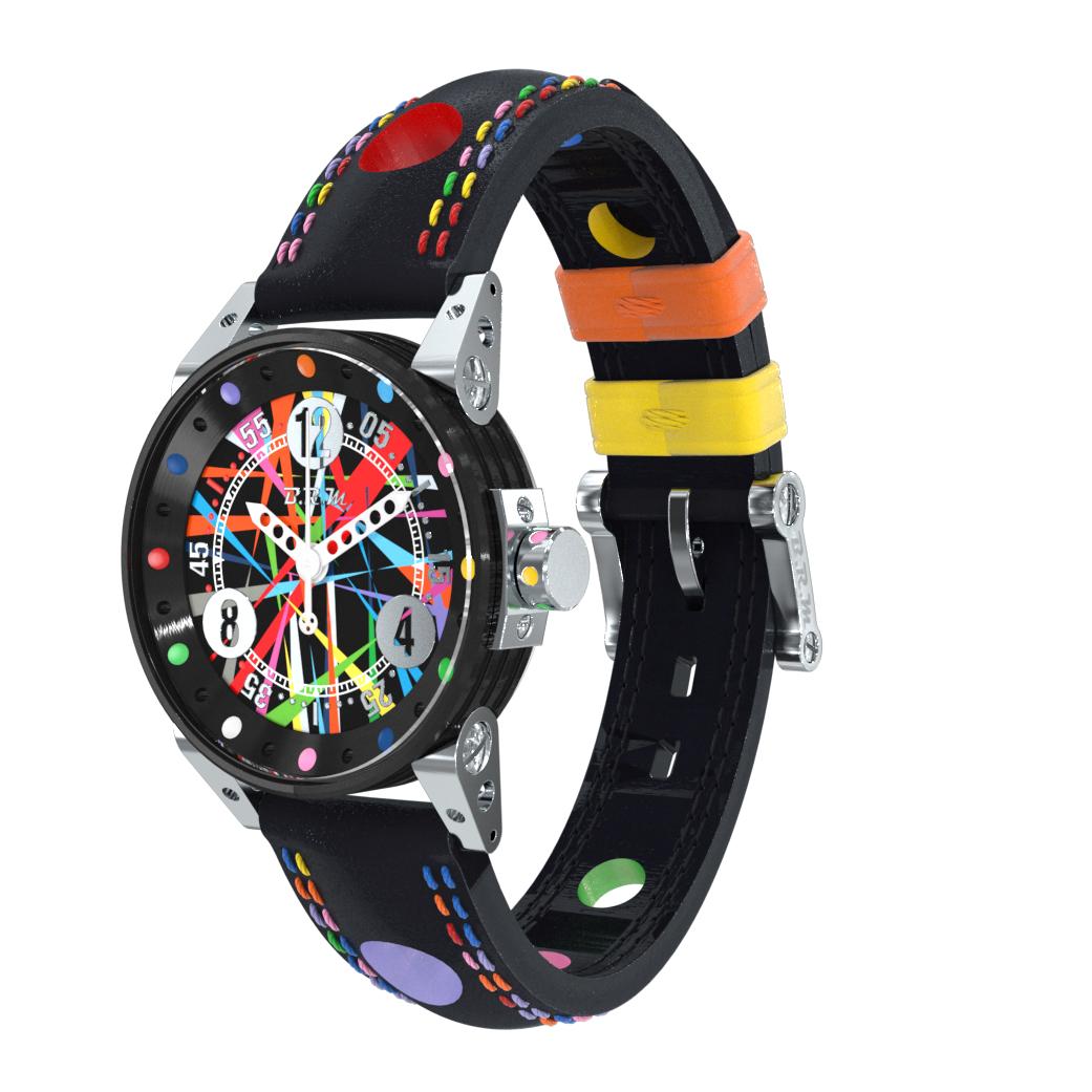BRM Art Car Color Stainless Steel Automatic Watch Women Black Leather Strap