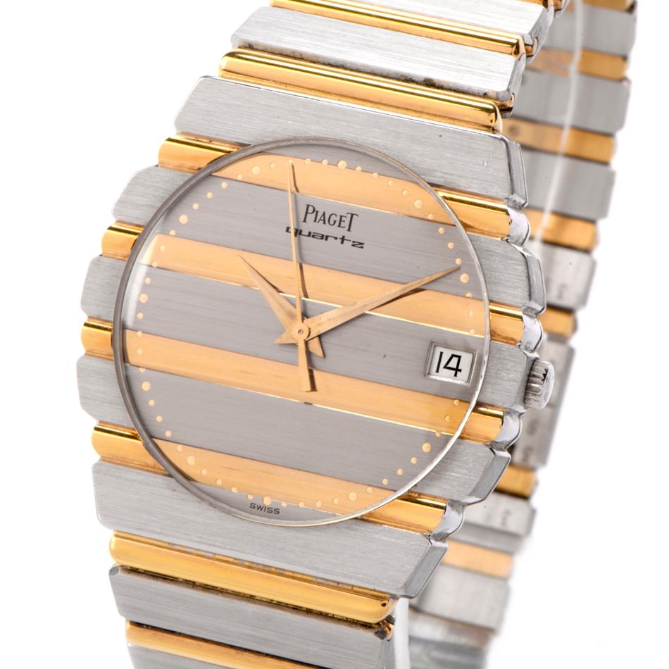Imagine the flexibility with this striped 18K gold unisex watch. 

Easy to mix your other jewelry metals with this 18K gold fantastic, symmetrically designed beauty.

This Piaget Polo watch is 32mm in diameter and features a Sapphire

Crystal, gold