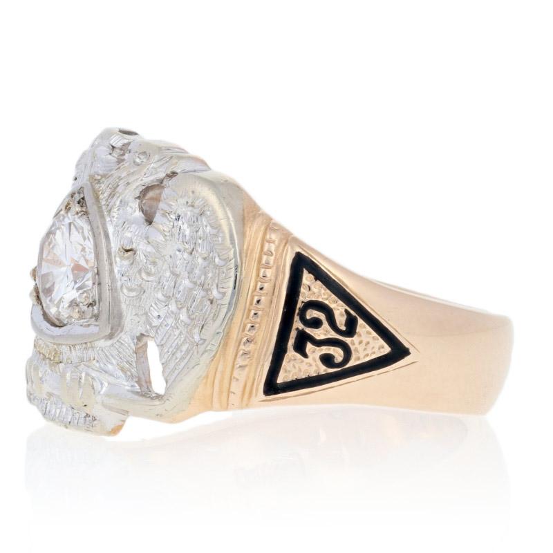 This fine 32nd degree Scottish Rite ring will be a superb addition to your collection of masonic memorabilia! Exquisitely crafted in 14k yellow gold, this piece features a 14k white gold double-headed eagle emblem set with a radiant diamond