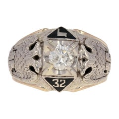 Vintage 32nd Degree Scottish Rite Diamond Ring, 14k Gold Masonic Yod Enamel Round .85ct