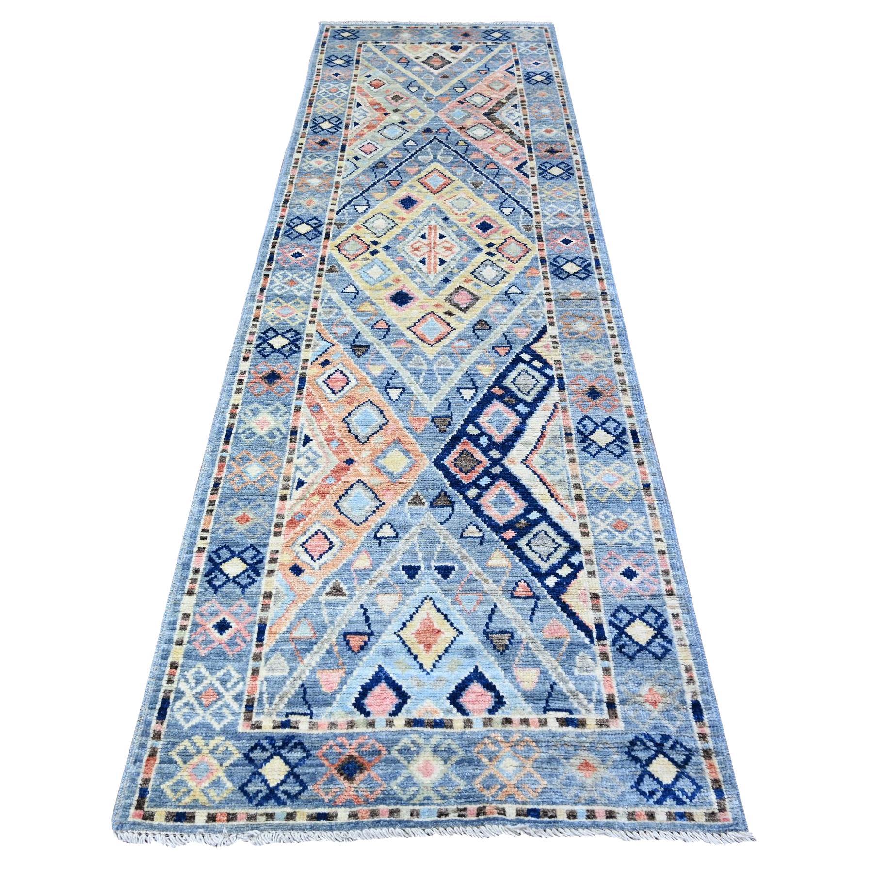 3'2 "x10'1" Blau Anatolisches Dorf inspiriertes Design Hand geknüpft Wolle Läufer Teppich
