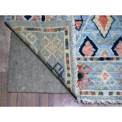 3'2"x10'2" Blue Anatolian Village Inspired Design Hand Knotted Wool Runner Rug