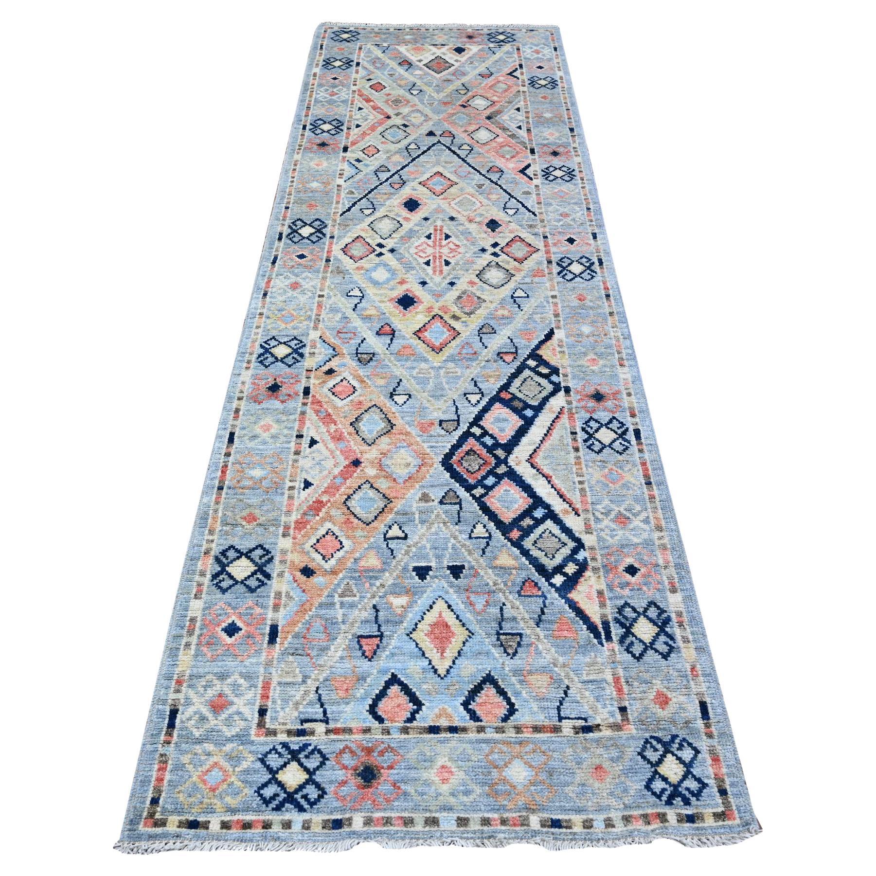 3'2 "x10'2" Blau Anatolisches Dorf inspiriertes Design Hand geknüpft Wolle Läufer Teppich