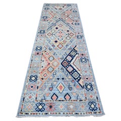 3'2 "x10'2" Blau Anatolisches Dorf inspiriertes Design Hand geknüpft Wolle Läufer Teppich
