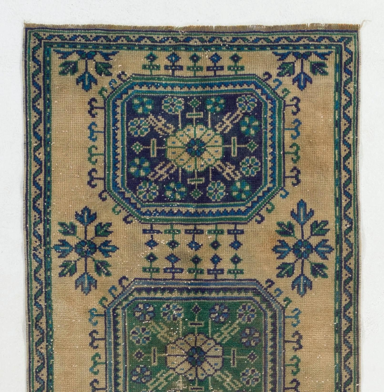 Hand-Knotted 3.2x10.5 Ft Handmade Oushak Runner Rug, Vintage Turkish Corridor Carpet For Sale