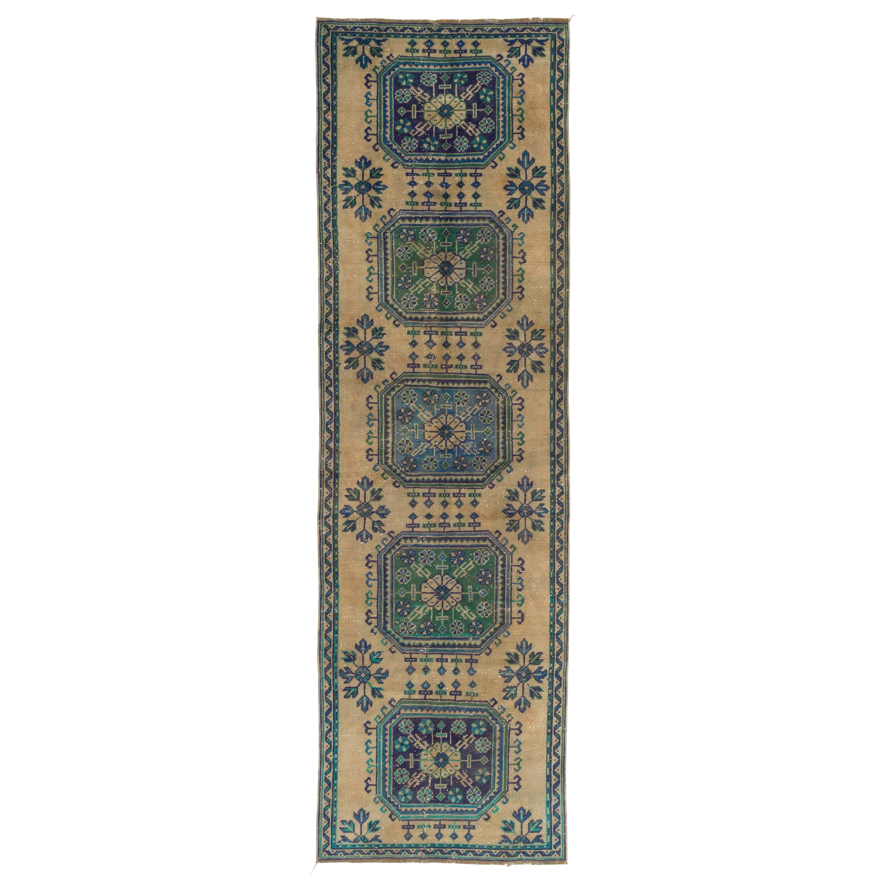 Handgefertigter Oushak-Läufer, 3,2x10,5 Ft, türkischer Corridor-Teppich, Vintage