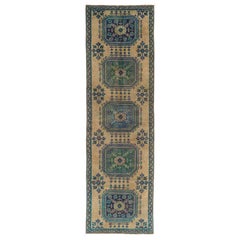 Tappeto Oushak fatto a mano 3.2x10.5 Ft, tappeto da corridoio turco vintage