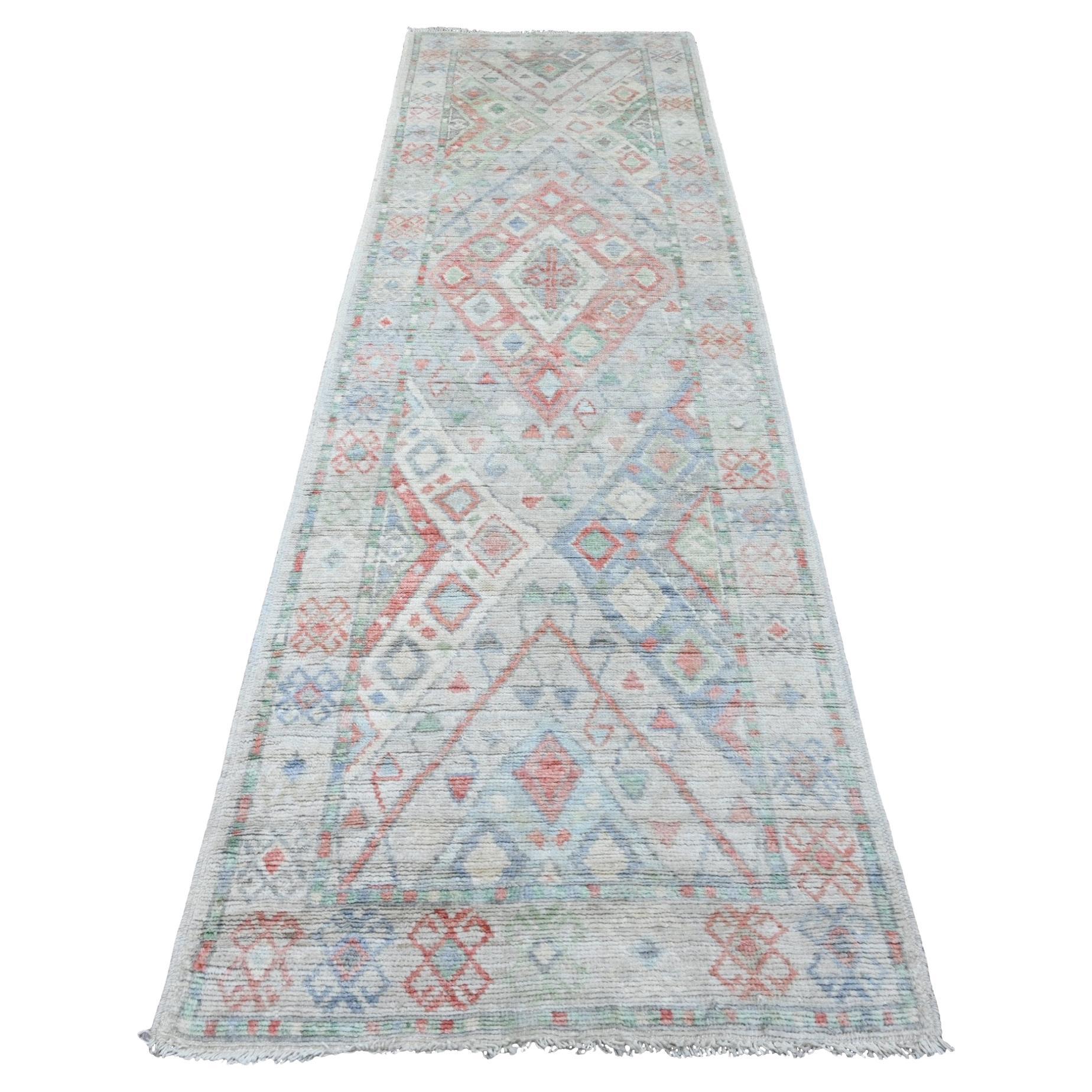 3'2"x10'5" Gray Anatolian Village Inspired Design Hand Knotted Wool Runner Rug For Sale