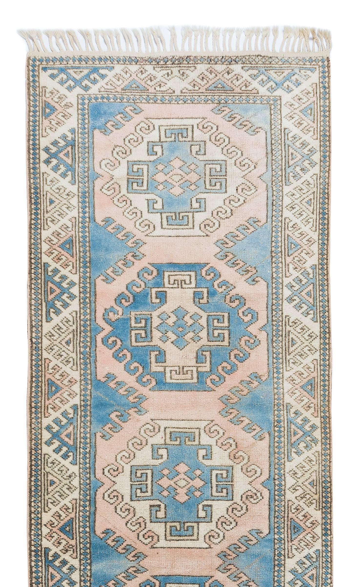 Turkish 3.2x10.6 Ft Handmade Vintage Runner Rug for Hallway, Anatolian Corridor Carpet For Sale