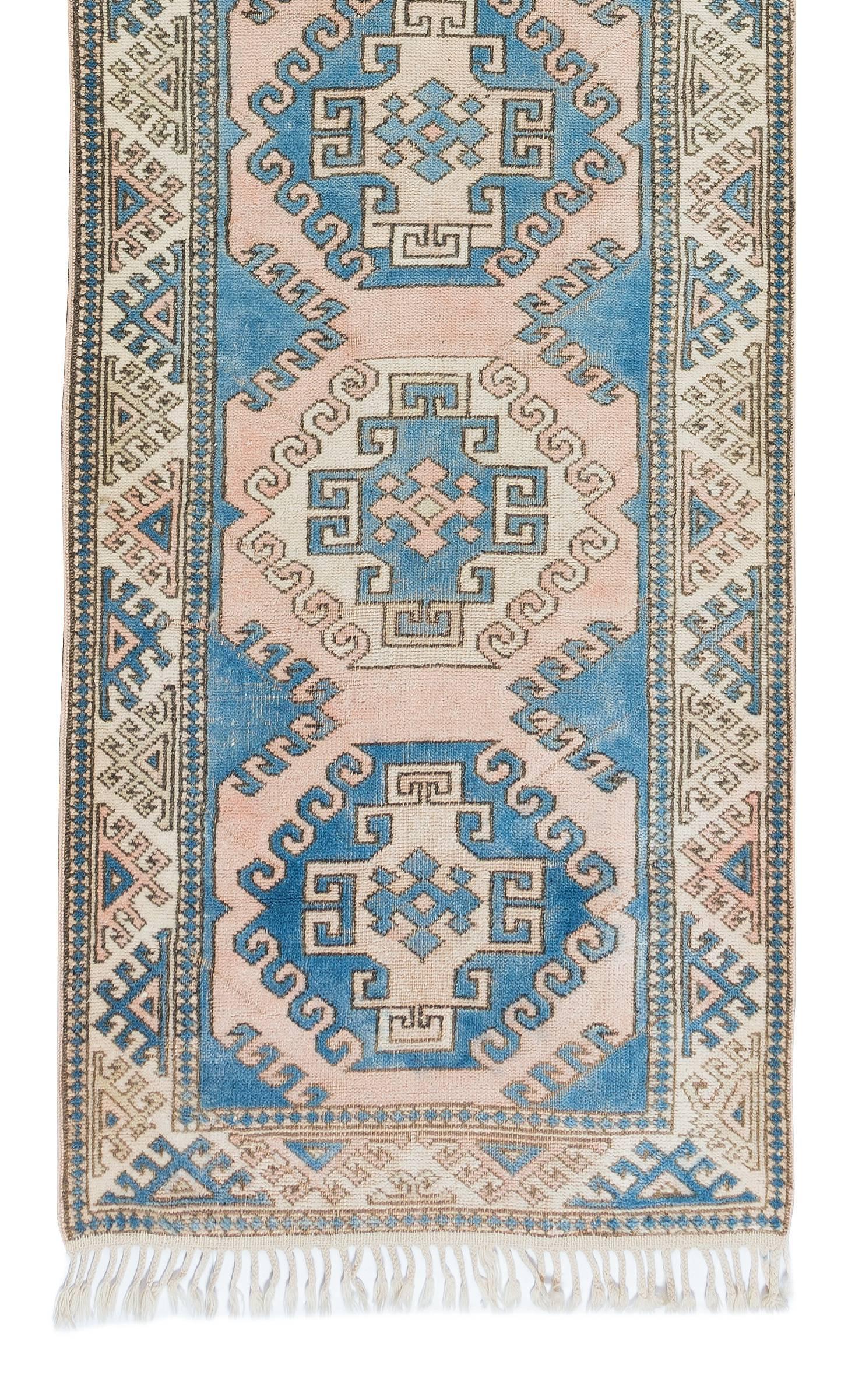 Hand-Knotted 3.2x10.6 Ft Handmade Vintage Runner Rug for Hallway, Anatolian Corridor Carpet For Sale