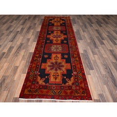 Alfombra persa vintage Heriz de lana, tejida a mano, de pelo corto, de 96,5 cm x 323 cm, en color negro