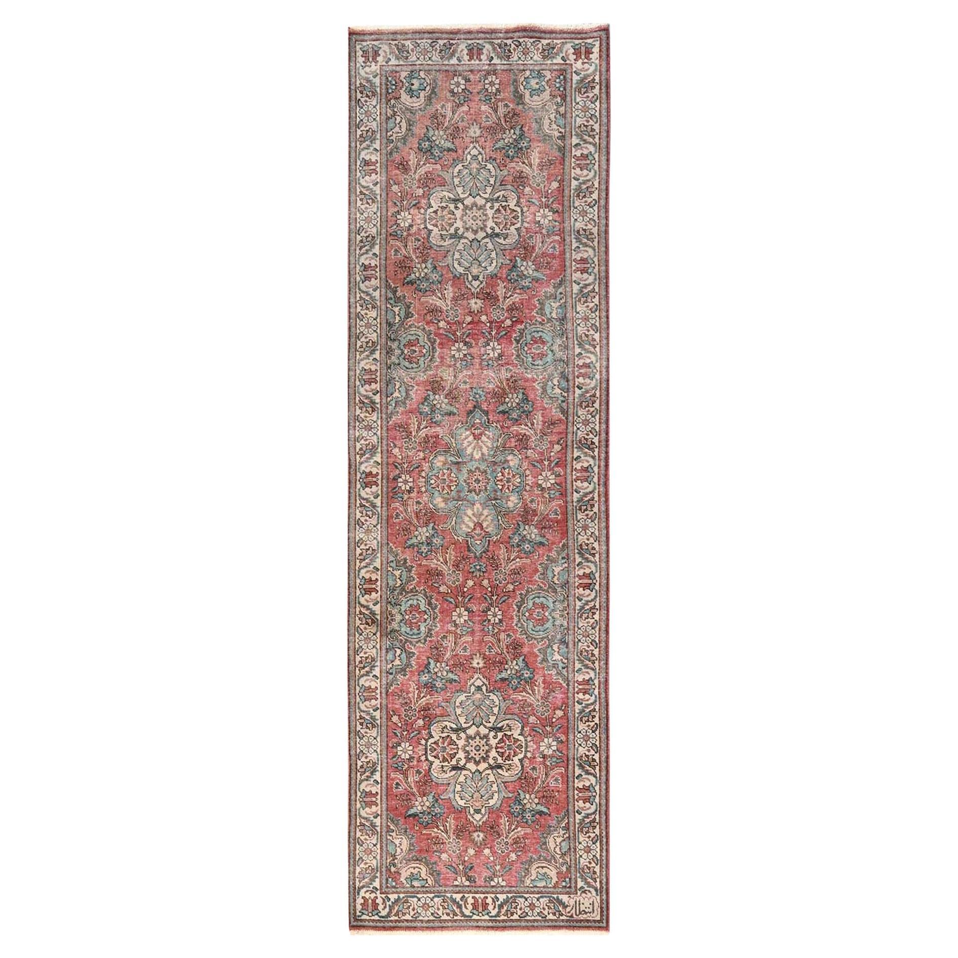 3'2"x11' Blush Red Vintage Zoroastrian Tebraz Hand Knotted Pure Wool Runner Rug