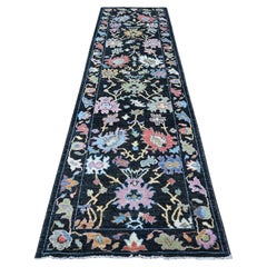 3'2"x11'5" Midnight Black Hand Knotted Afghan Angora Oushak Runner Oriental Rug