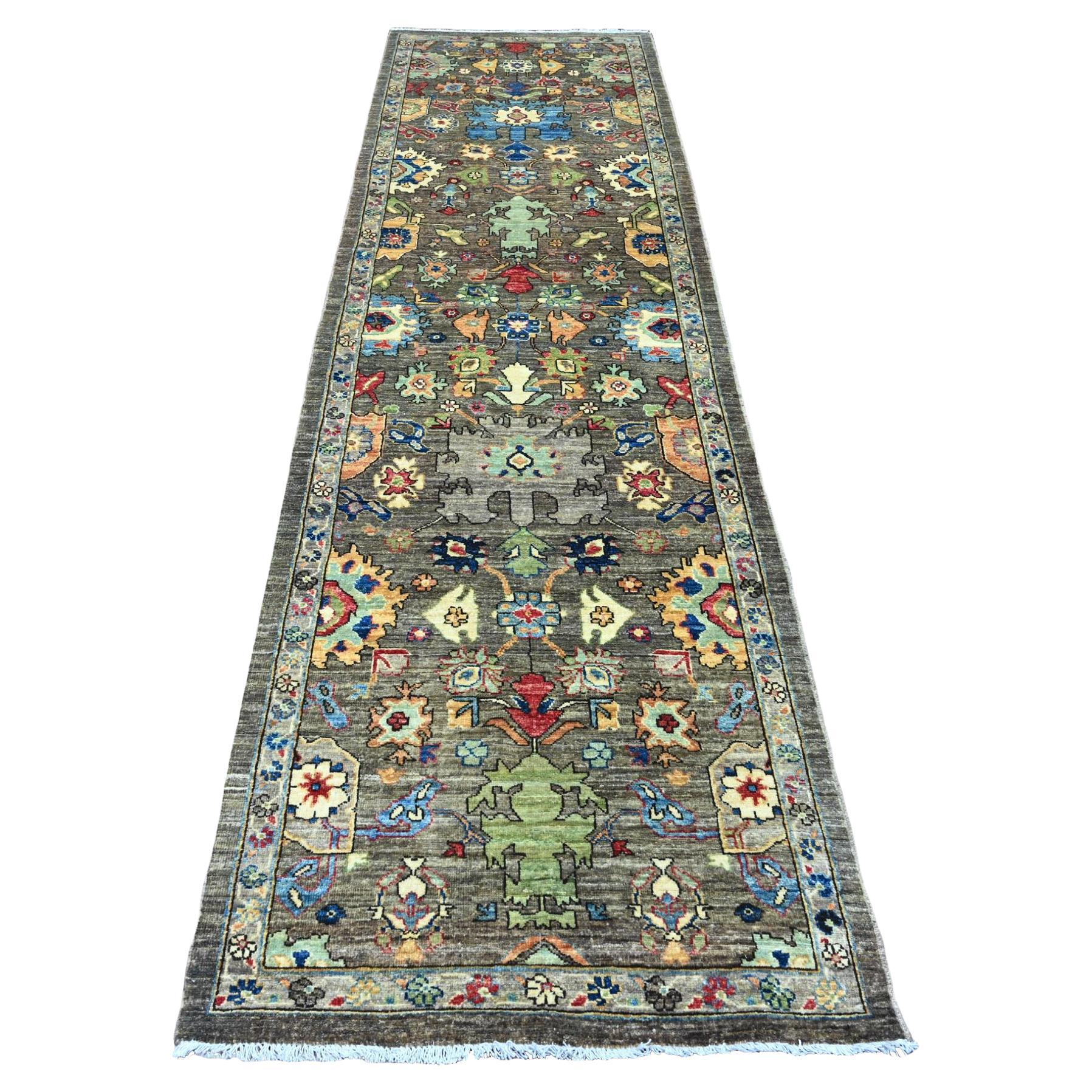 3'2"x11'8" Cedar Brown Peshawar with Heriz Design Hand Knotted Wool Runner Rug