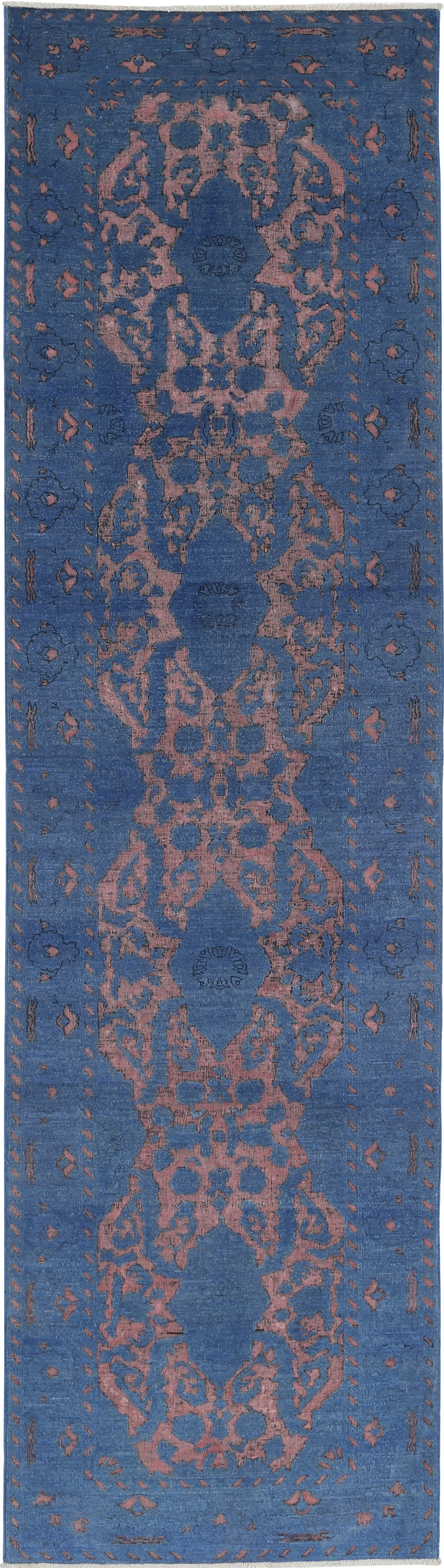 3.2x12 ft Turkish Hallway Runner Rug. Navy Blue, Blush Kitchen Rug. Corridor Rug