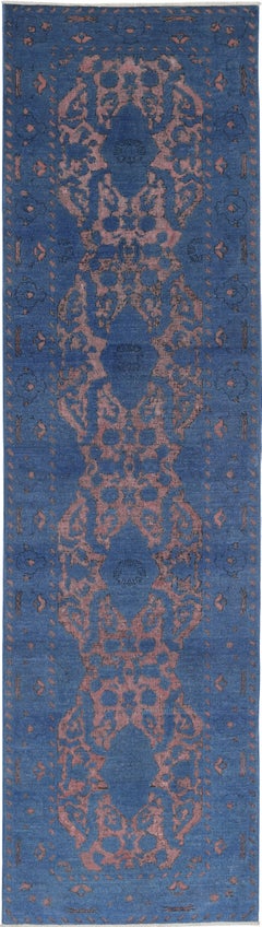 3.2x12 ft Turkish Hallway Runner Rug. Navy Blue, Blush Kitchen Rug. Corridor Rug