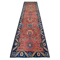 3'2"x13'6" Coral Red Antiqued Heriz Design Hand Knotted Wool Runner Oriental Rug