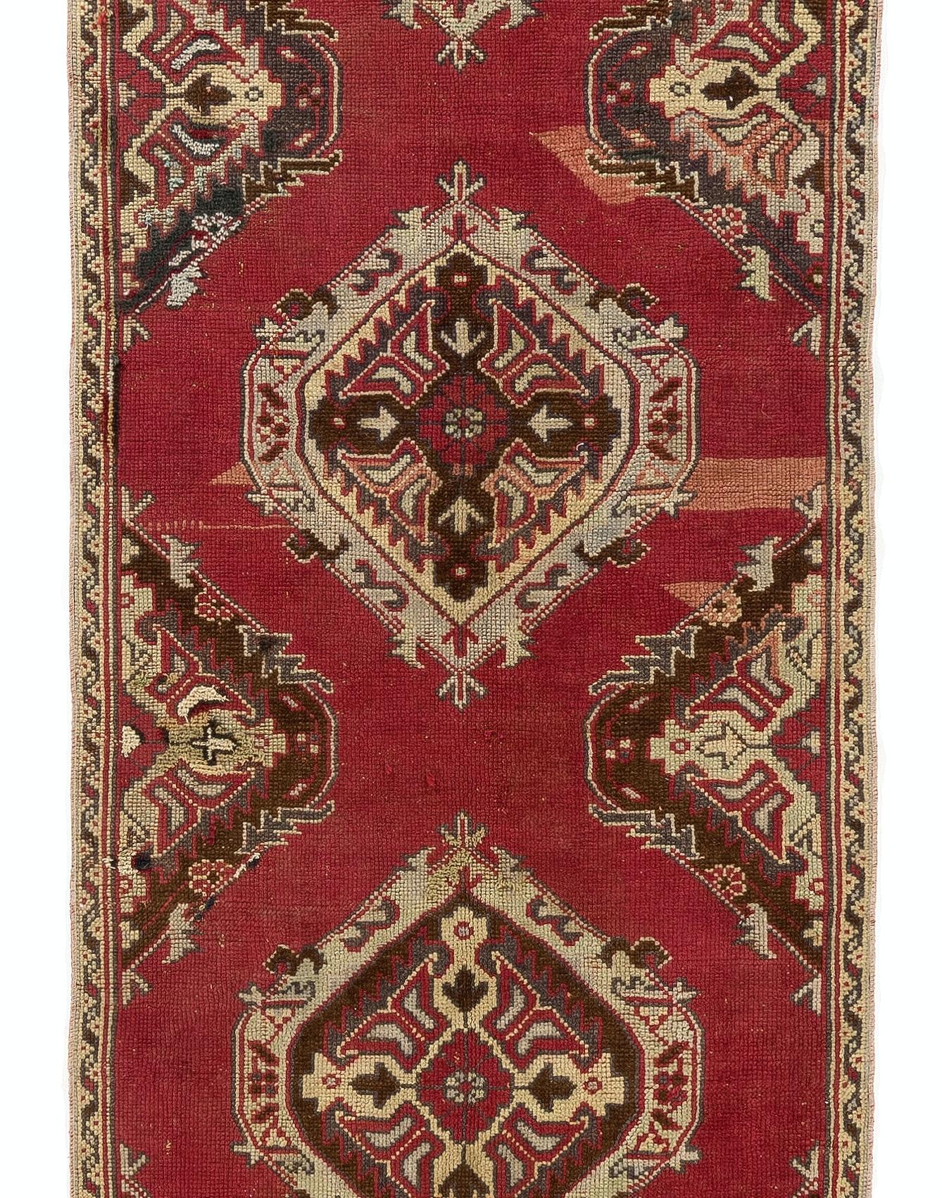 Oushak Vintage Turkish Handmade Hallway Runner in Brick Red, 100% Wool Rug For Sale
