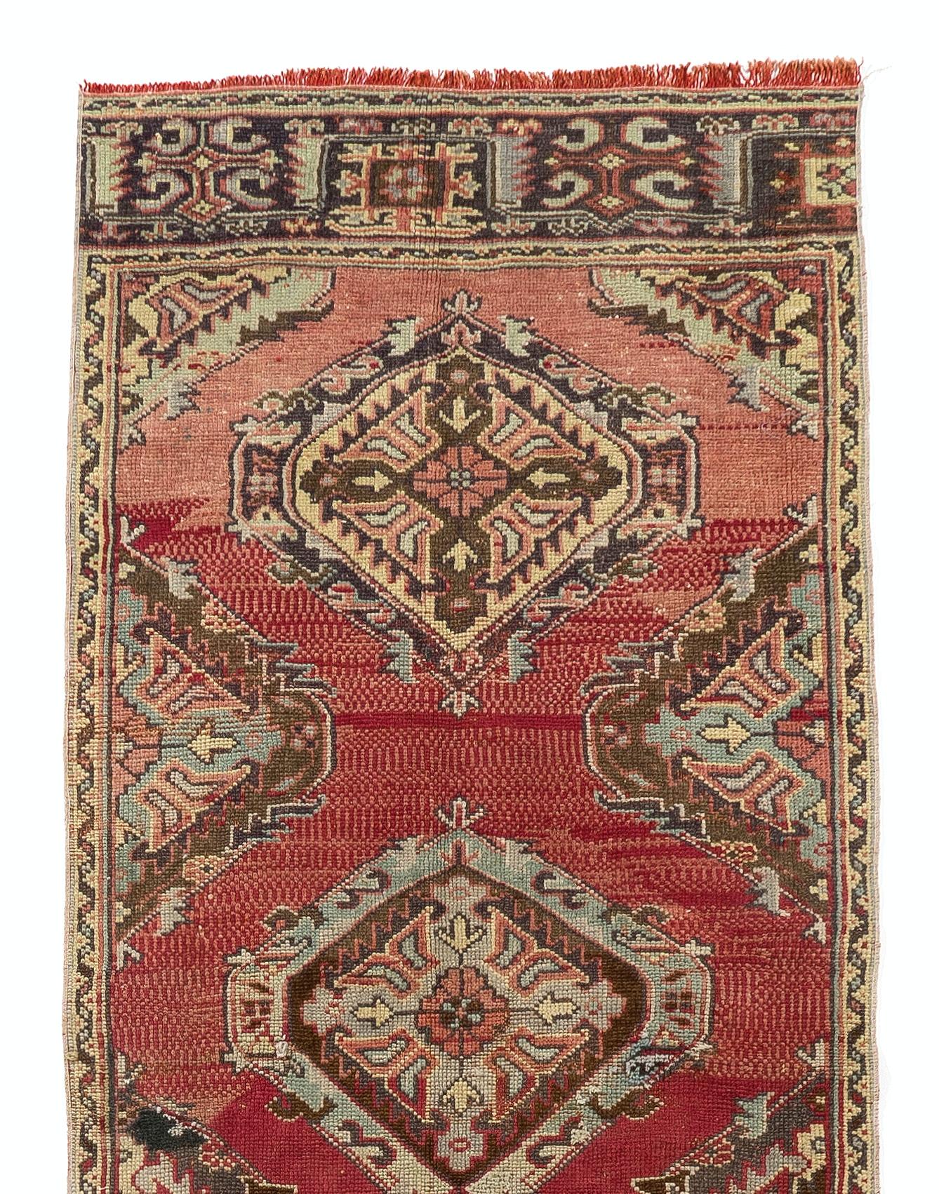 Oushak 3.2x13.6 Ft Vintage Turkish Handmade Hallway Runner in Brick Red, 100% Wool Rug For Sale