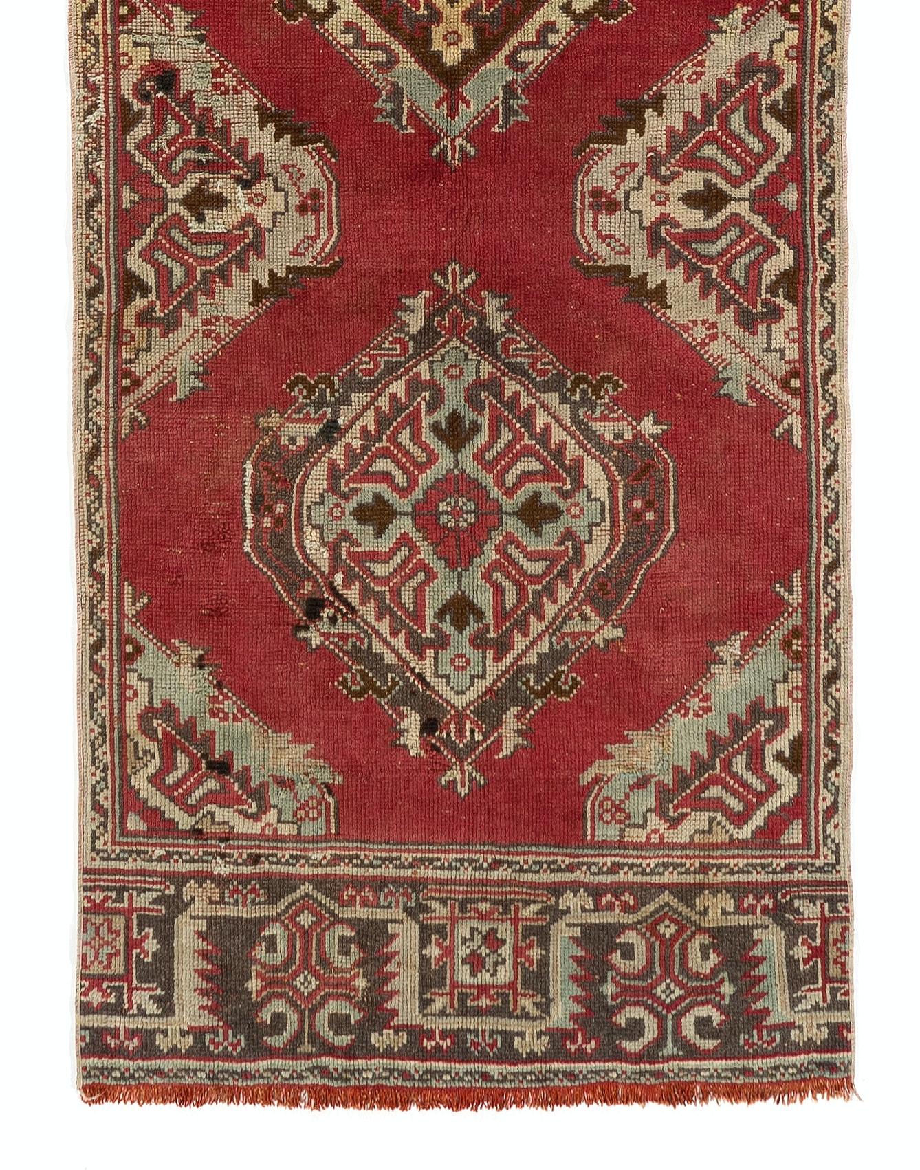 Hand-Knotted 3.2x13.6 Ft Vintage Turkish Handmade Hallway Runner in Brick Red, 100% Wool Rug For Sale