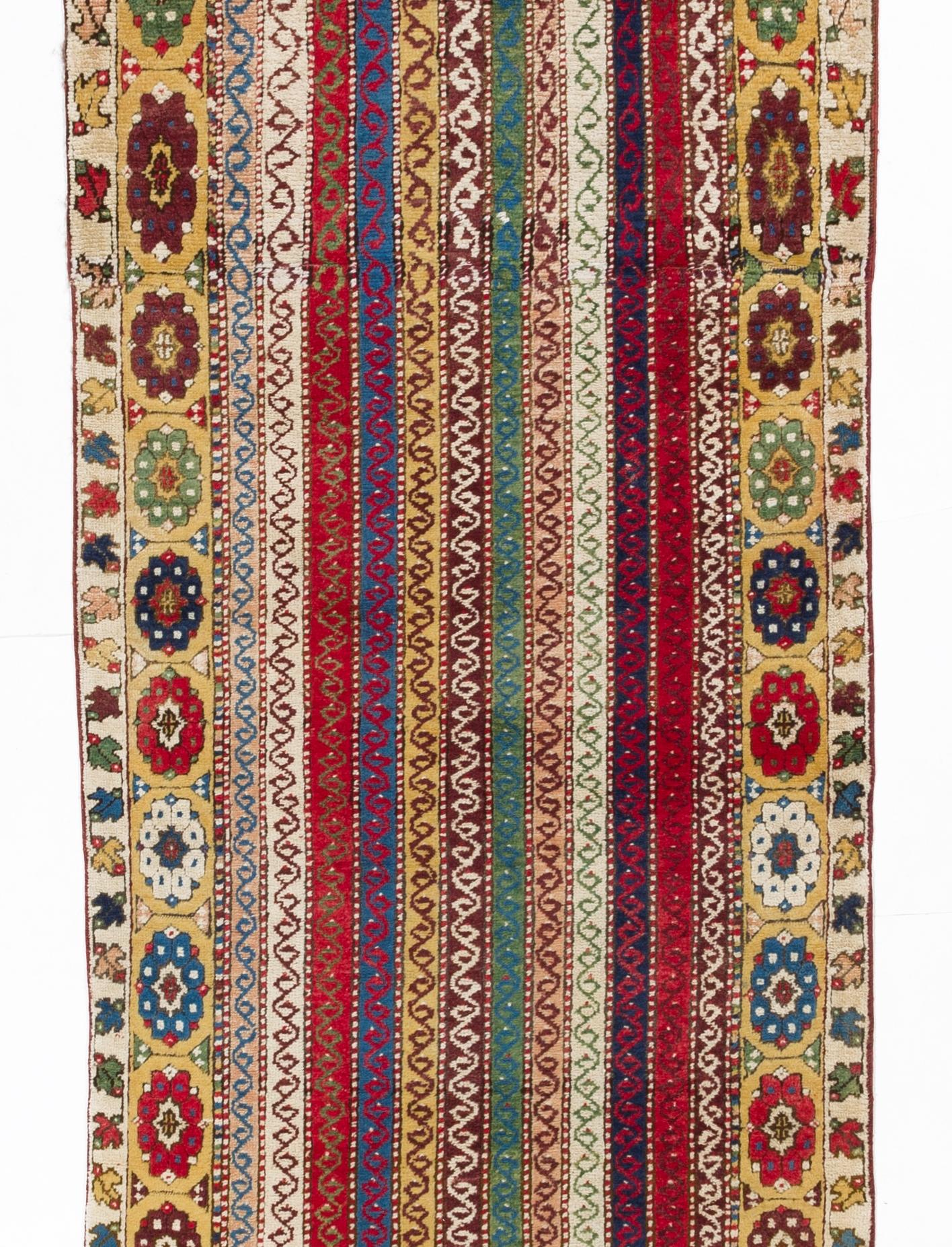 Bohemian 3.2x14.4 Ft Handmade Runner Rug from Konya / Turkey. All Wool and Natural Dyes For Sale