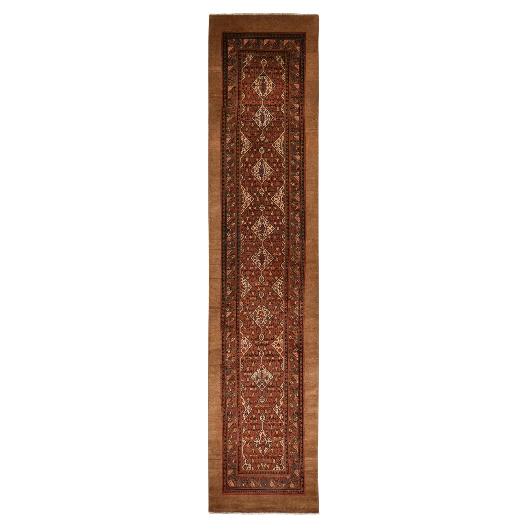 3'2 "x15' Tappeto antico in pelo di cammello Serab Coffee Brown in pura lana annodato a mano del 1900