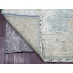 3'2"x15'9" Blue Hand Knotted Afghan Angora Oushak Leaf Design Wool Runner Rug