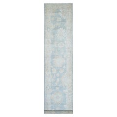 3'2"x15'9" Blue Hand Knotted Afghan Angora Oushak Leaf Design Wool Runner Rug
