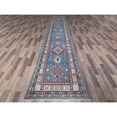 3'2"x16'1" Blue Kazak with Medallions Design Hand Knotted Soft Wool Runner Rug