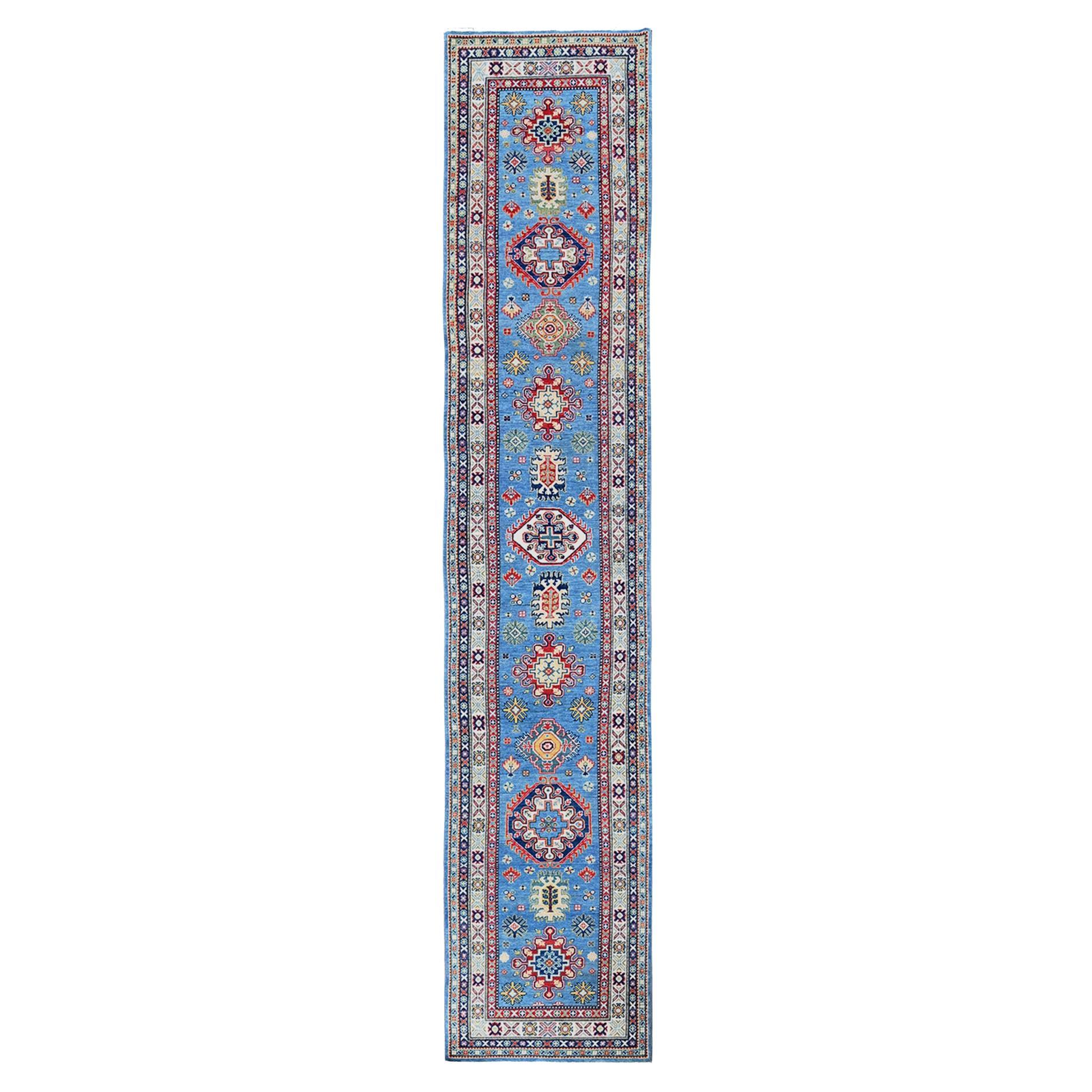 3'2 "x16'1" Blau Kazak mit Medaillons Design Hand geknüpft weiche Wolle Läufer Teppich