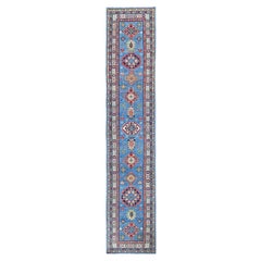 3'2 "x16'1" Blau Kazak mit Medaillons Design Hand geknüpft weiche Wolle Läufer Teppich