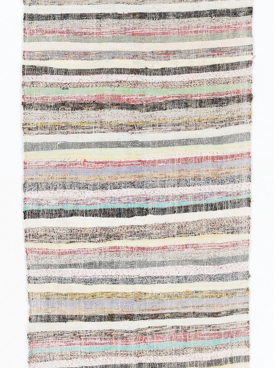 Hand-Woven 3.2x19 Ft Long Striped Kilim Runner 'Flat Weave', Adjustable Cotton Rag Rug For Sale