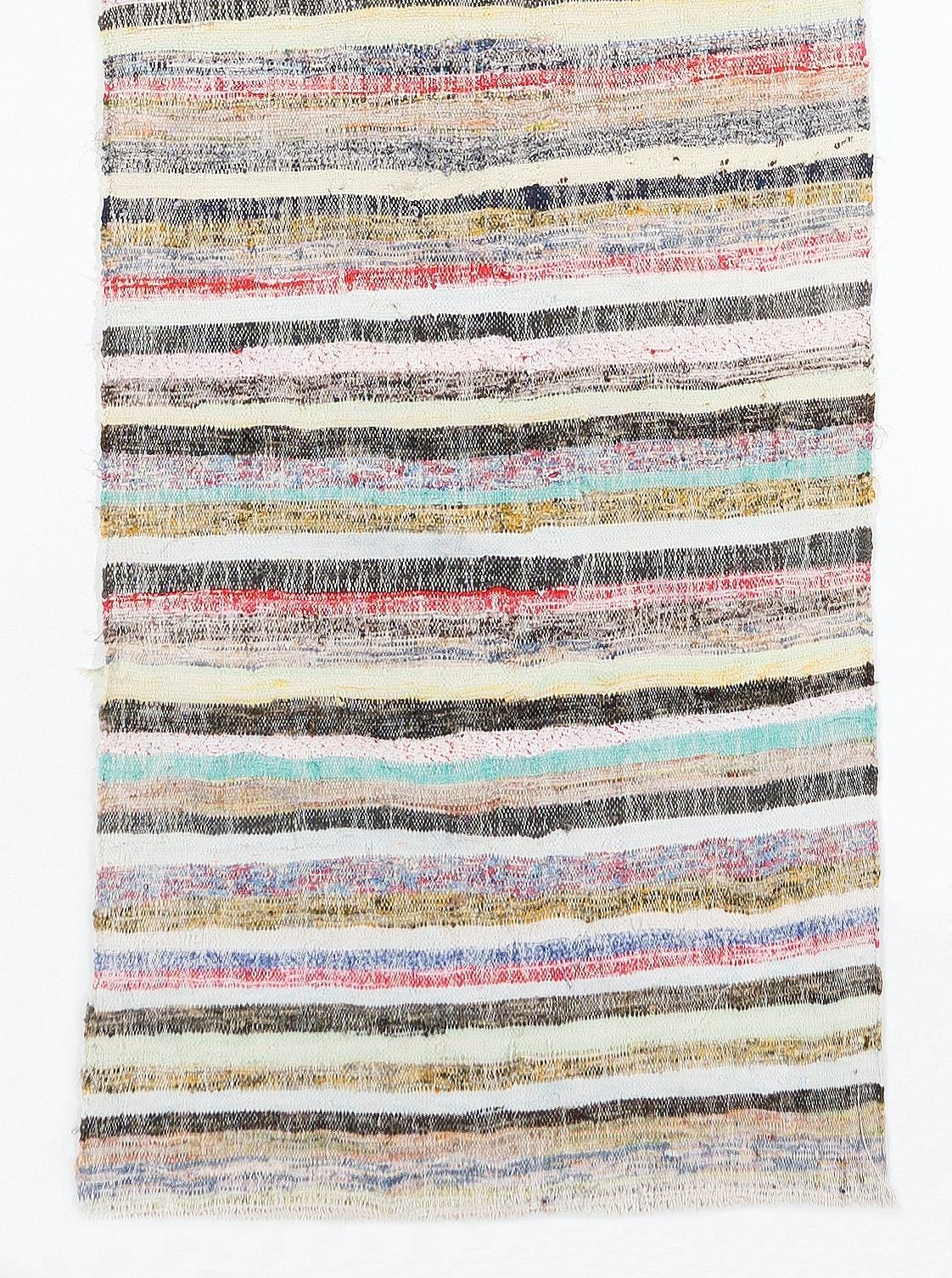 3.2x19 Ft Long Striped Kilim Runner 'Flat Weave', Adjustable Cotton Rag Rug In Good Condition For Sale In Philadelphia, PA