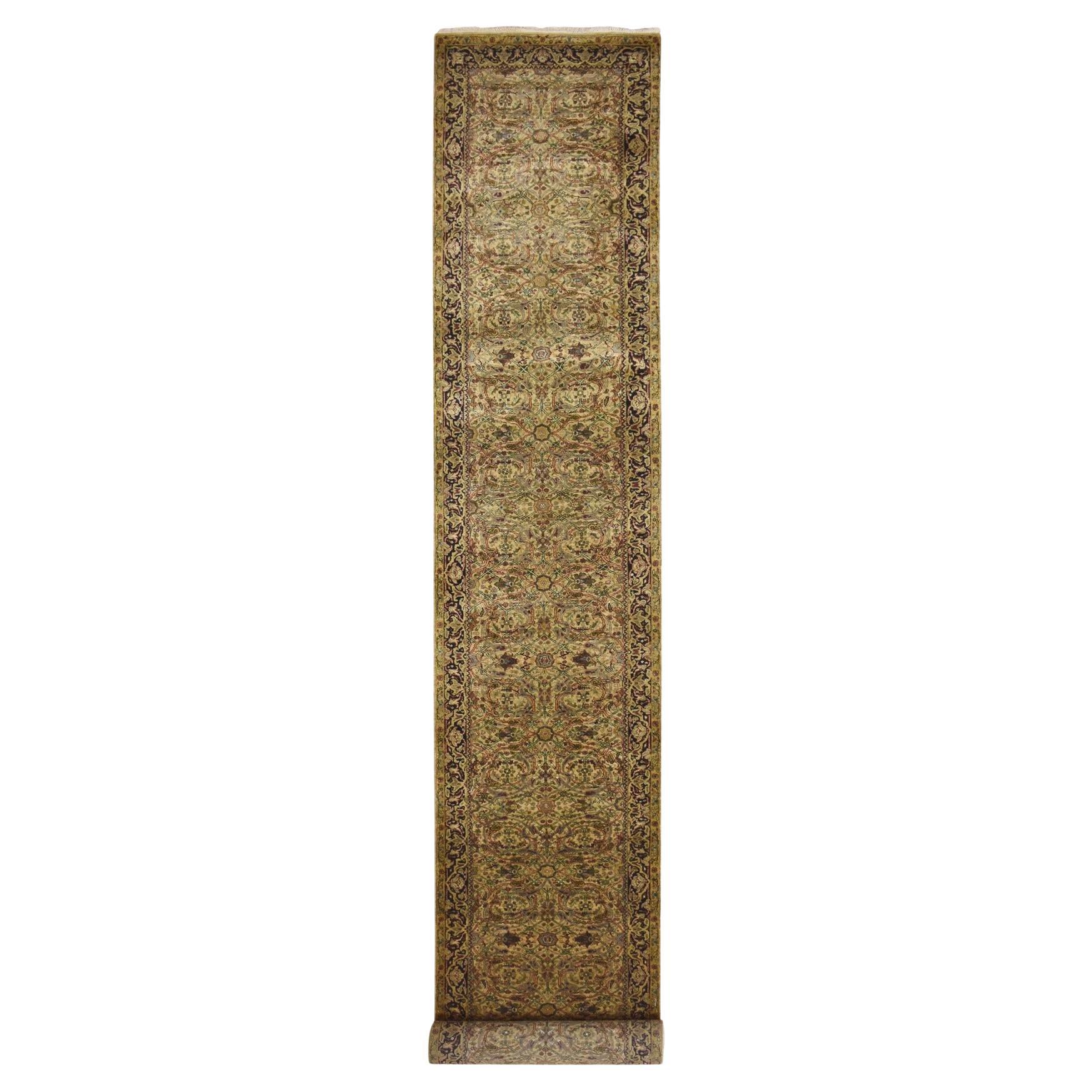 3'2 "x19'4" Gold Tapis de course en laine nouée à la main Rajasthan Leaf Design