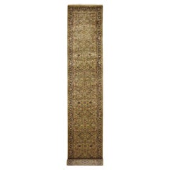3'2 "x19'4" Alfombra de Correr de Lana Anudada a Mano con Diseño de Hojas de Rajastán en Oro