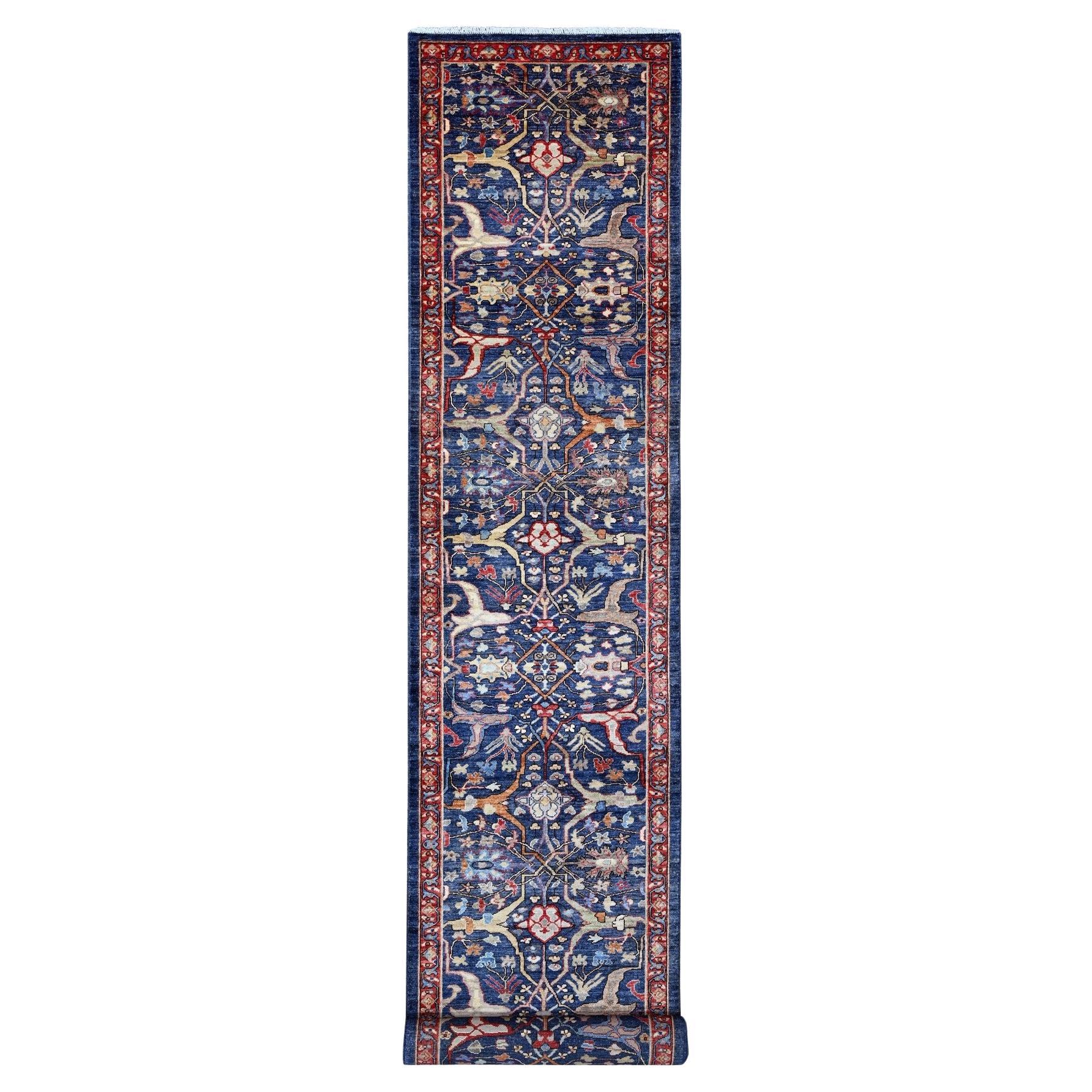 3'2 "x19'5" Blue Hand Knotted Aryana Bidjar Garus Design Wool Runner Tapis d'Orient